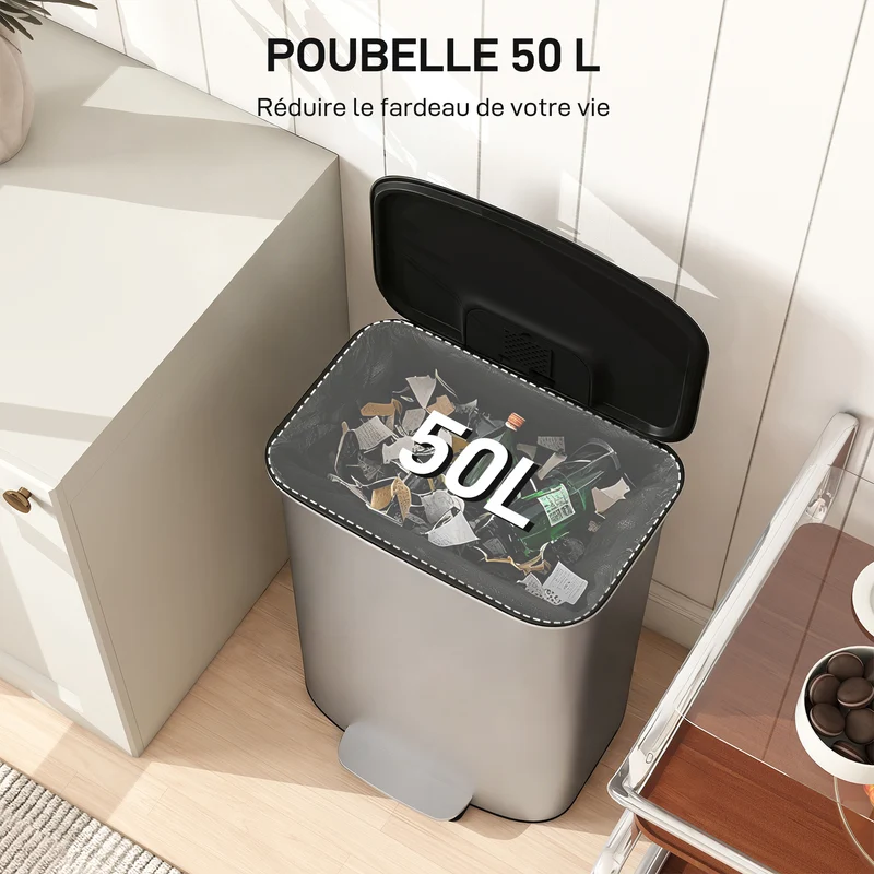 Poubelle de cuisine à pédale 45,1 x 36,5 x 62,6 cm seau amovible fermeture douce design épuré en acier inoxydable gris 21_0005933