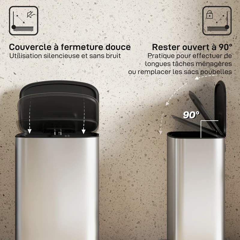 Poubelle de cuisine à pédale 45,1 x 36,5 x 62,6 cm seau amovible fermeture douce design épuré en acier inoxydable gris 21_0005933