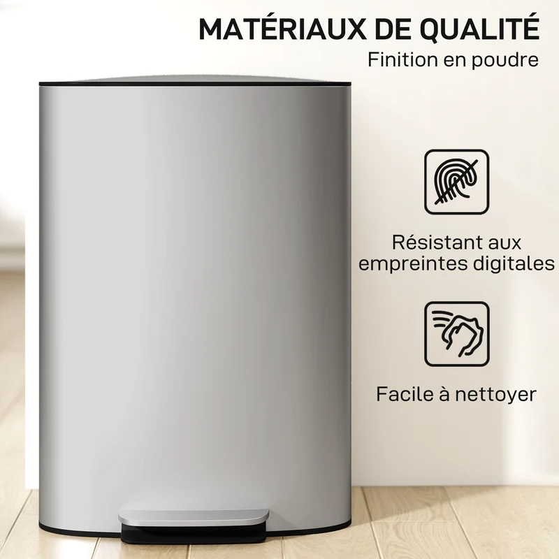 Poubelle de cuisine à pédale 45,1 x 36,5 x 62,6 cm seau amovible fermeture douce design épuré en acier inoxydable gris 21_0005933