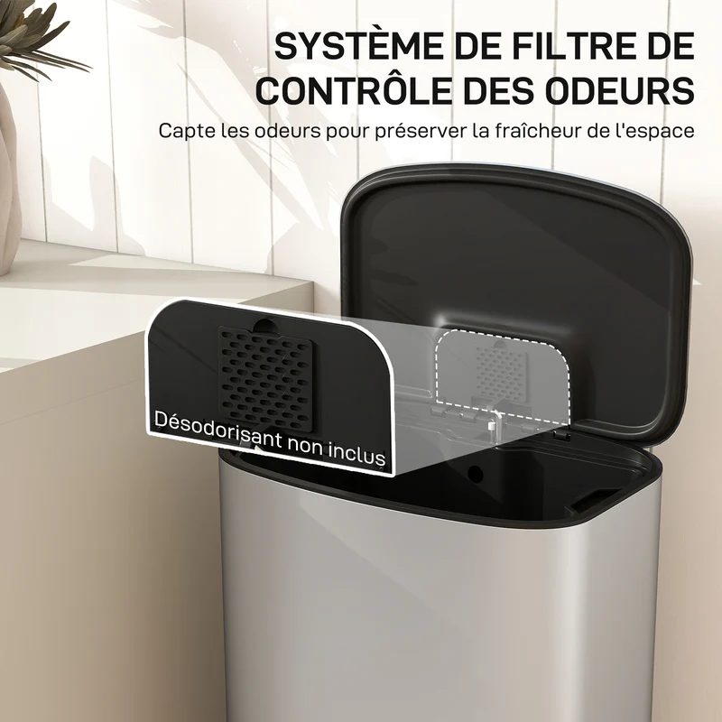 Poubelle de cuisine à pédale 45,1 x 36,5 x 62,6 cm seau amovible fermeture douce design épuré en acier inoxydable gris 21_0005933