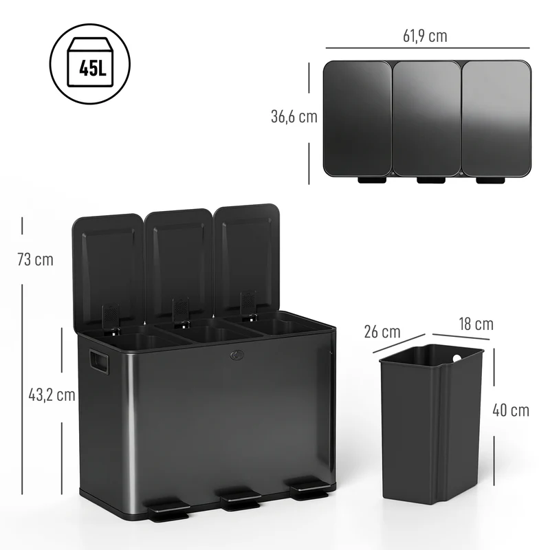Poubelle de cuisine 3 compartiments 61,9 x 36,6 x 43,2 cm tri sélectif fermeture douce moderne en acier inoxydable noir 21_0005908