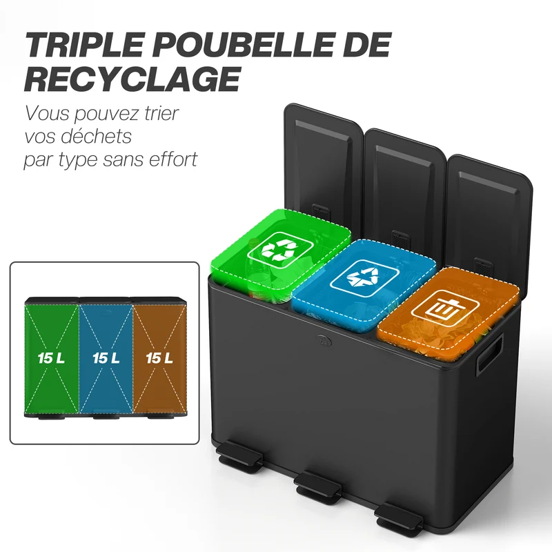 Poubelle de cuisine 3 compartiments 61,9 x 36,6 x 43,2 cm tri sélectif fermeture douce moderne en acier inoxydable noir 21_0005908