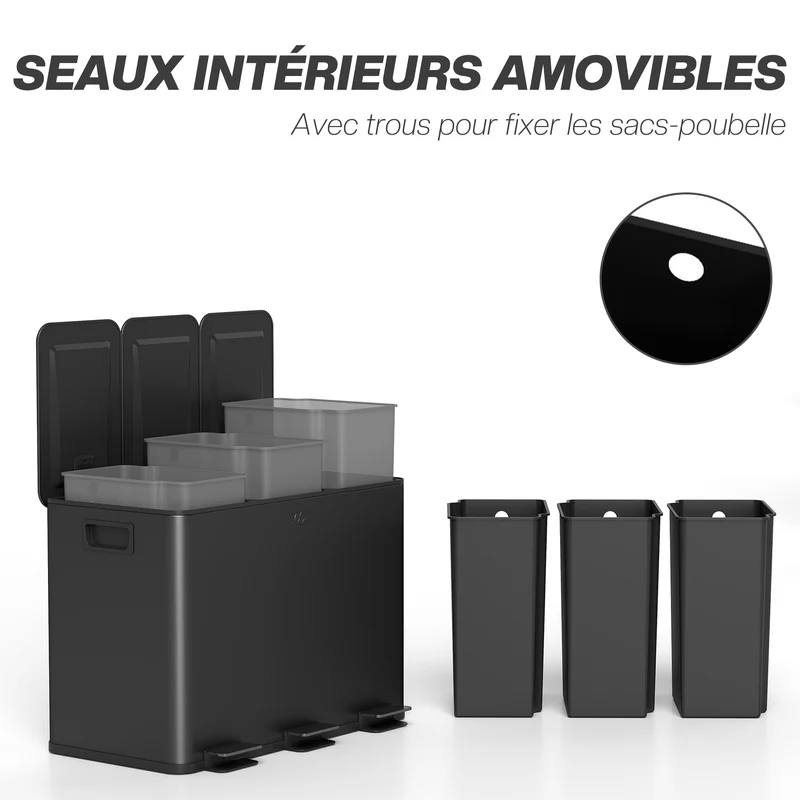 Poubelle de cuisine 3 compartiments 61,9 x 36,6 x 43,2 cm tri sélectif fermeture douce moderne en acier inoxydable noir 21_0005908