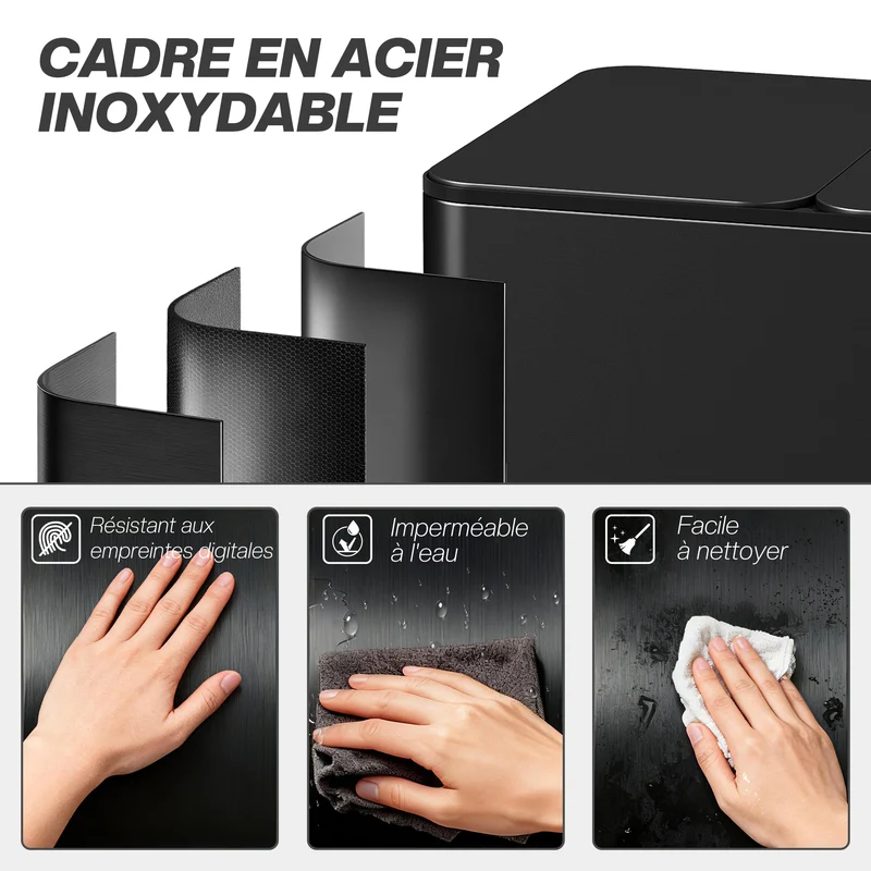Poubelle de cuisine 3 compartiments 61,9 x 36,6 x 43,2 cm tri sélectif fermeture douce moderne en acier inoxydable noir 21_0005908