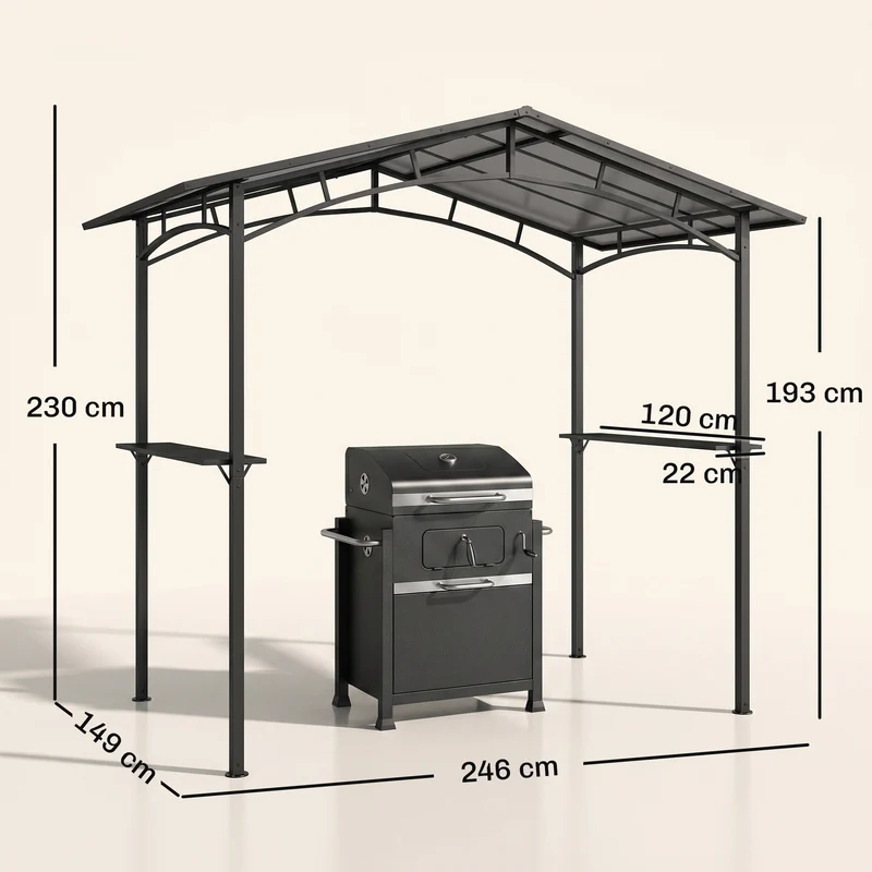Pavillon de jardin abri barbecue 246 x 149 x 230 cm protection intempéries 2 étagères pratiques design en aluminium noir 21_0004778