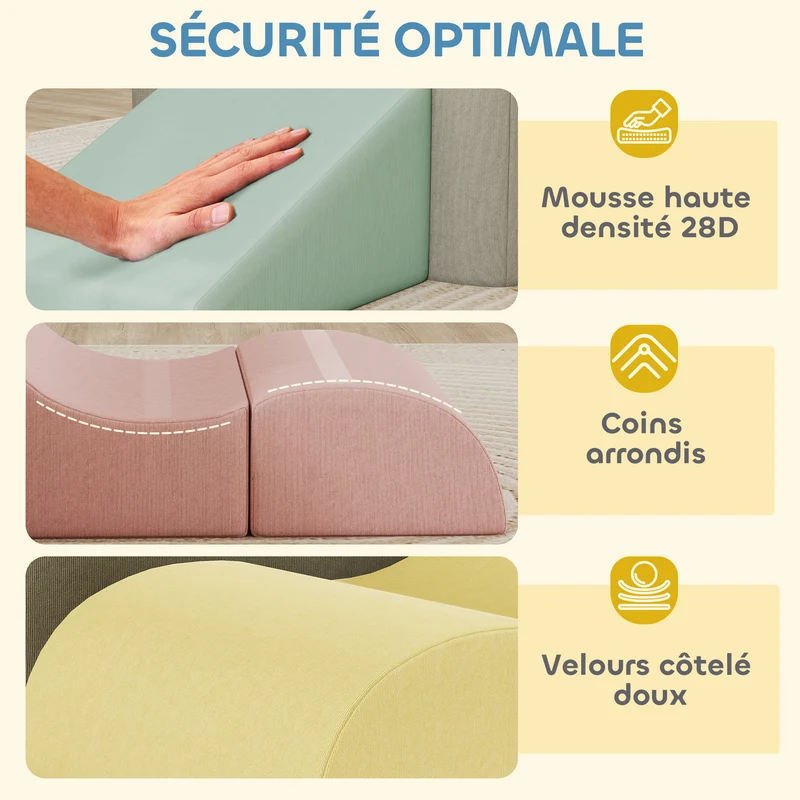 Parcours motricité modulable bébé 174 x 174 x 30 cm anti-chute stimule motricité scandinave en velours côtelé gris clair 21_0000735