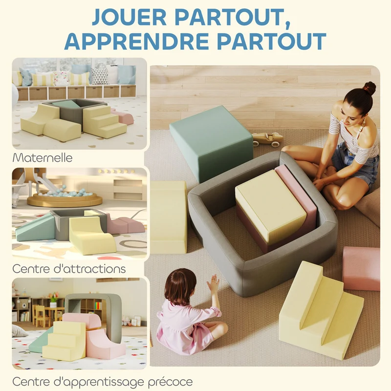 Parcours motricité modulable bébé 174 x 174 x 30 cm anti-chute stimule motricité scandinave en velours côtelé gris clair 21_0000735