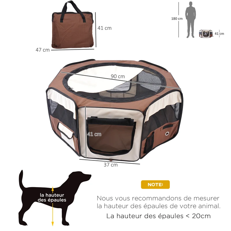 Parc enclos pliable octogonal pour chien chat 90 x 90 x 41 cm léger sécurisé style contemporain moderne en tissu marron 21_0007595