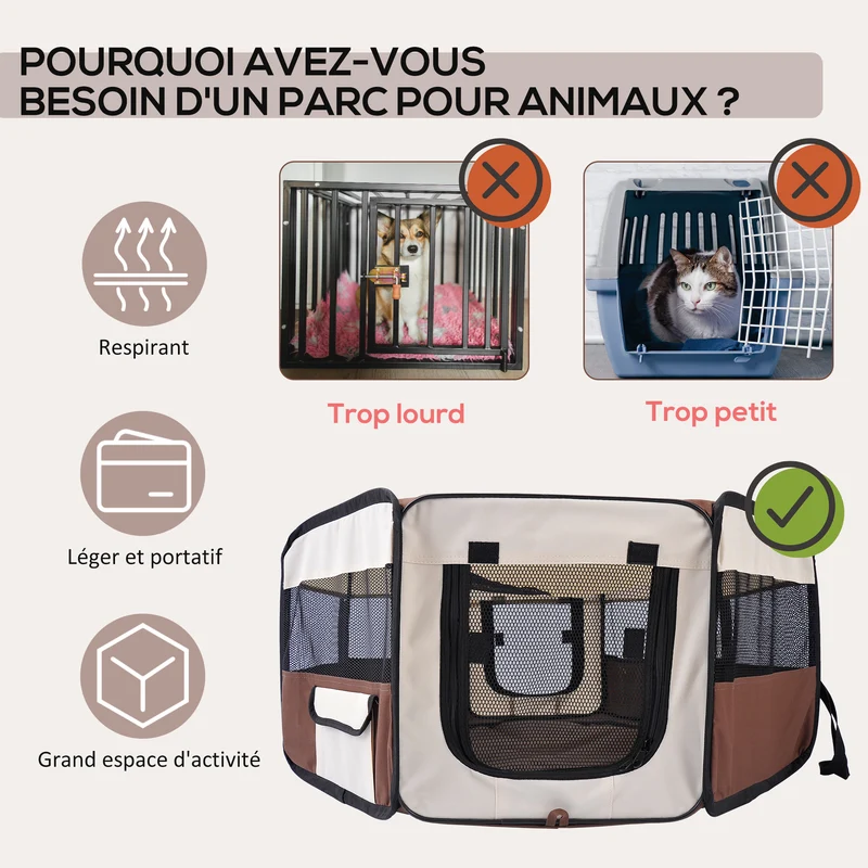 Parc enclos pliable octogonal pour chien chat 90 x 90 x 41 cm léger sécurisé style contemporain moderne en tissu marron 21_0007595