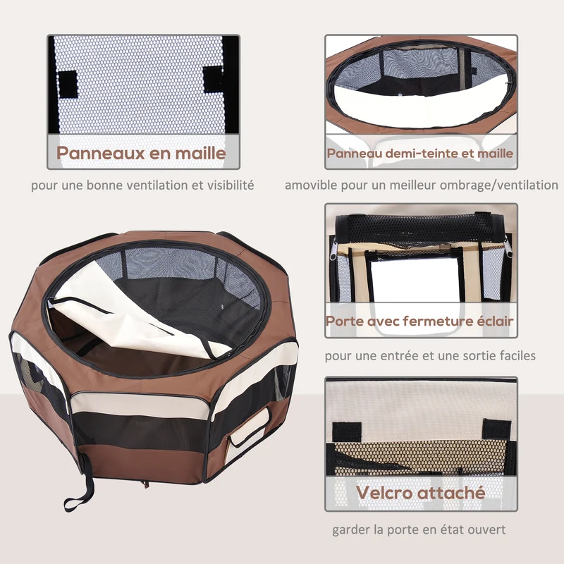 Parc enclos pliable octogonal pour chien chat 90 x 90 x 41 cm léger sécurisé style contemporain moderne en tissu marron 21_0007595