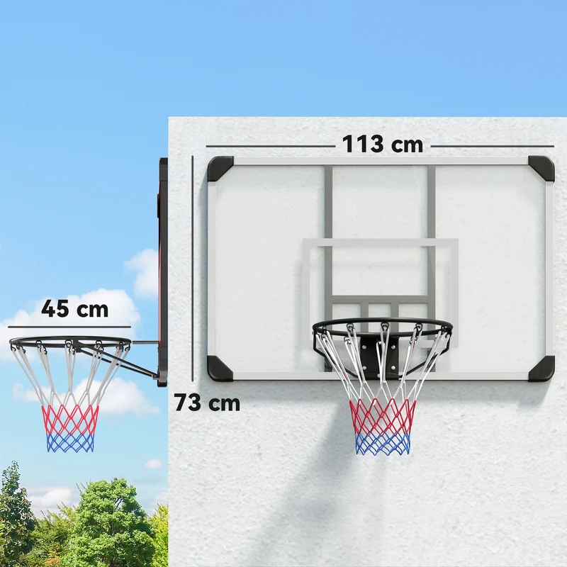 Panier de basket mural intérieur extérieur 113 x 61 x 73 cm arceau à ressort tirs puissants design moderne en acier noir 21_0006611