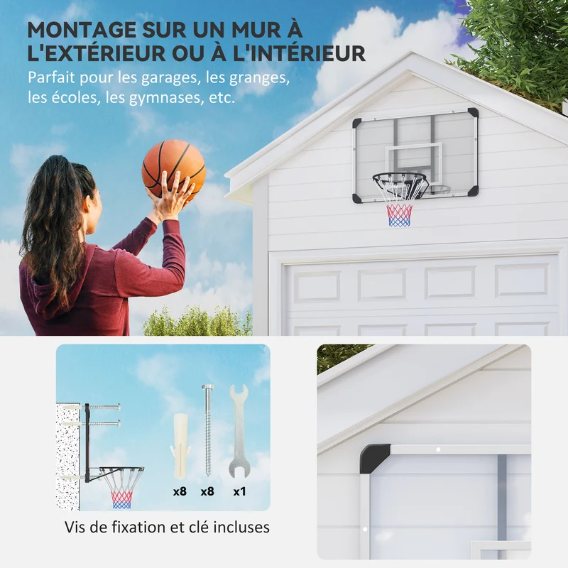 Panier de basket mural intérieur extérieur 113 x 61 x 73 cm arceau à ressort tirs puissants design moderne en acier noir 21_0006611
