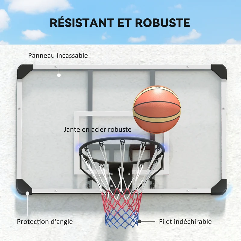 Panier de basket mural intérieur extérieur 113 x 61 x 73 cm arceau à ressort tirs puissants design moderne en acier noir 21_0006611