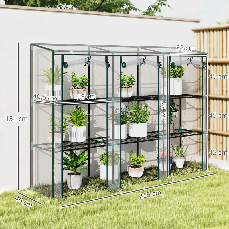 Mini serre de jardin balcon 215 x 46 x 151 cm 3 niveaux protection contre intempéries design pratique en PVC transparent 21_0005517