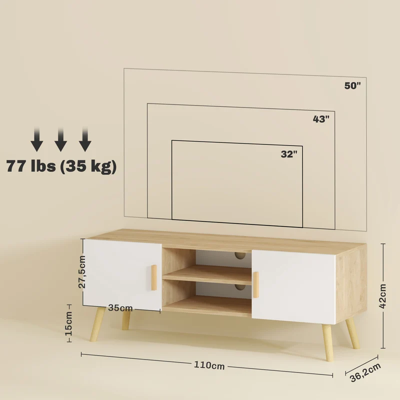 Meuble télé bas salon 110 x 36,2 x 42 cm rangement modulable passe-câbles deux placards style scandinave en MDF chêne 21_0003433