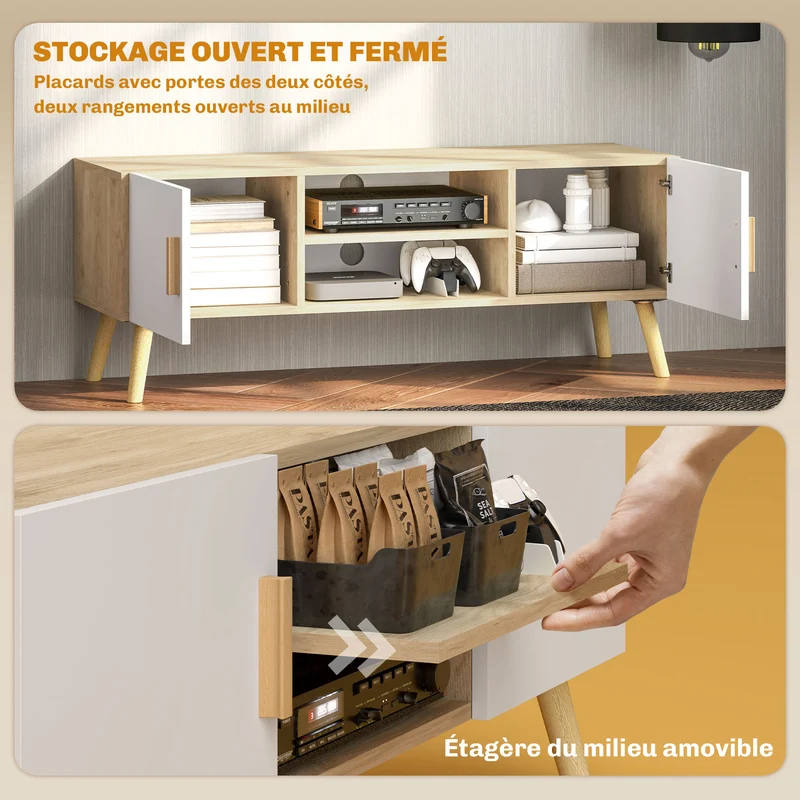 Meuble télé bas salon 110 x 36,2 x 42 cm rangement modulable passe-câbles deux placards style scandinave en MDF chêne 21_0003433