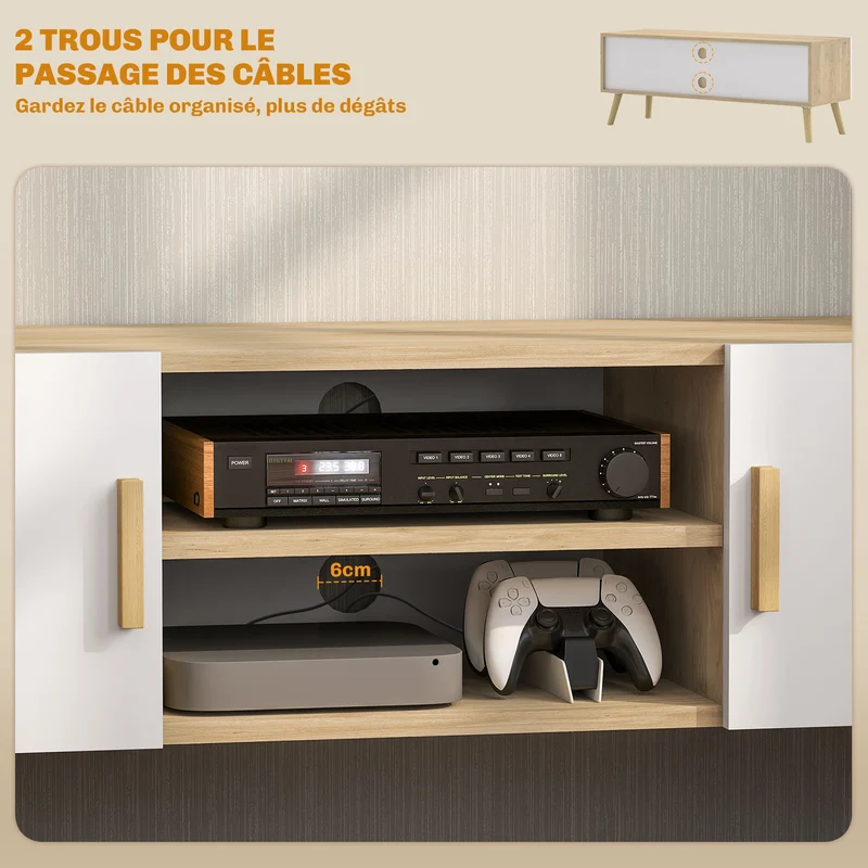Meuble télé bas salon 110 x 36,2 x 42 cm rangement modulable passe-câbles deux placards style scandinave en MDF chêne 21_0003433