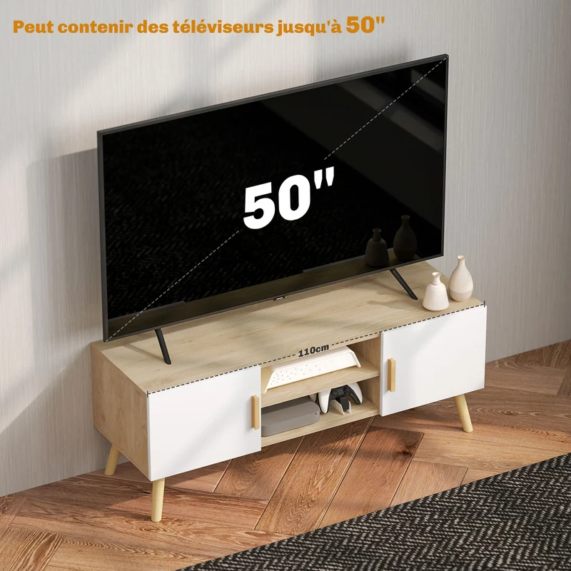 Meuble télé bas salon 110 x 36,2 x 42 cm rangement modulable passe-câbles deux placards style scandinave en MDF chêne 21_0003433