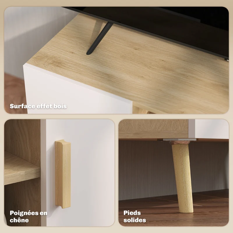 Meuble télé bas salon 110 x 36,2 x 42 cm rangement modulable passe-câbles deux placards style scandinave en MDF chêne 21_0003433