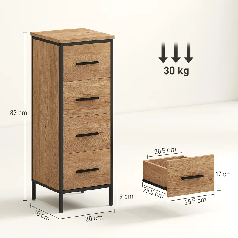 Meuble de salle de bain étroit 30 x 30 x 82 cm 4 tiroirs compact et silencieux industriel en panneau de particules chêne 21_0002079