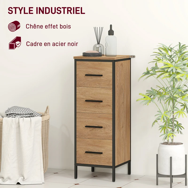 Meuble de salle de bain étroit 30 x 30 x 82 cm 4 tiroirs compact et silencieux industriel en panneau de particules chêne 21_0002079