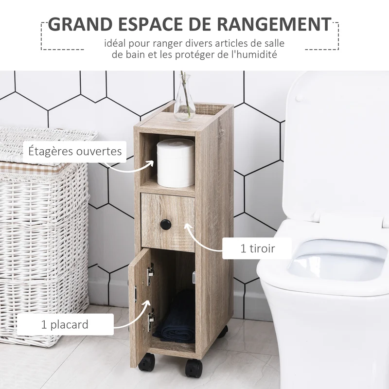Meuble colonne wc 18 x 30 x 68,5 cm gain de place 3 niveaux épuré contemporain en panneau de particules chêne clair 21_0001870