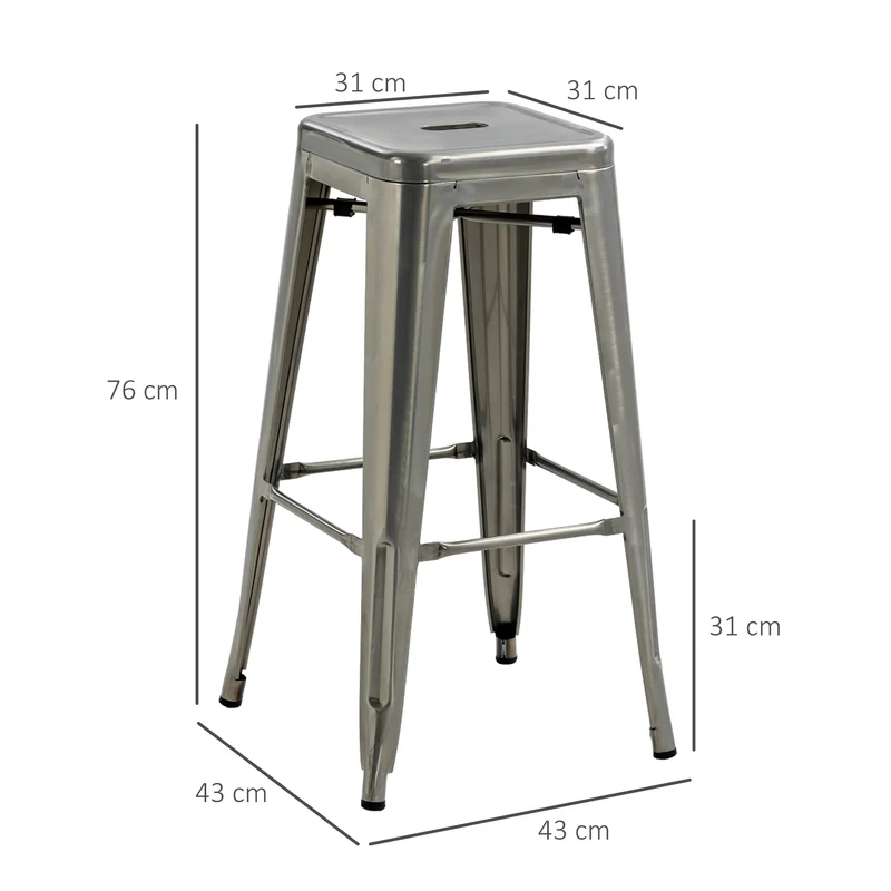Lot de 4 tabourets de bar empilables pour cuisine 43 x 43 x 76 cm repose-pied confort industriel design en métal argent 21_0002190
