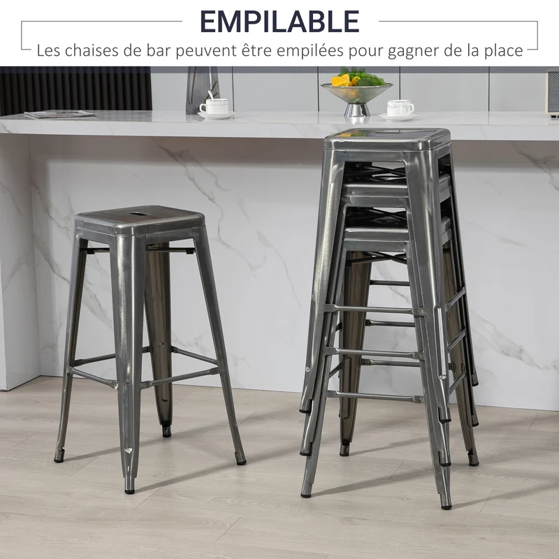 Lot de 4 tabourets de bar empilables pour cuisine 43 x 43 x 76 cm repose-pied confort industriel design en métal argent 21_0002190