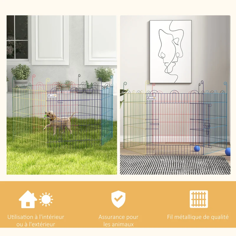 Lot de 2 enclos pliants modulables pour petits animaux 120 x 120 x 60 cm porte loquet pliant moderne épuré en métal noir 21_0007506