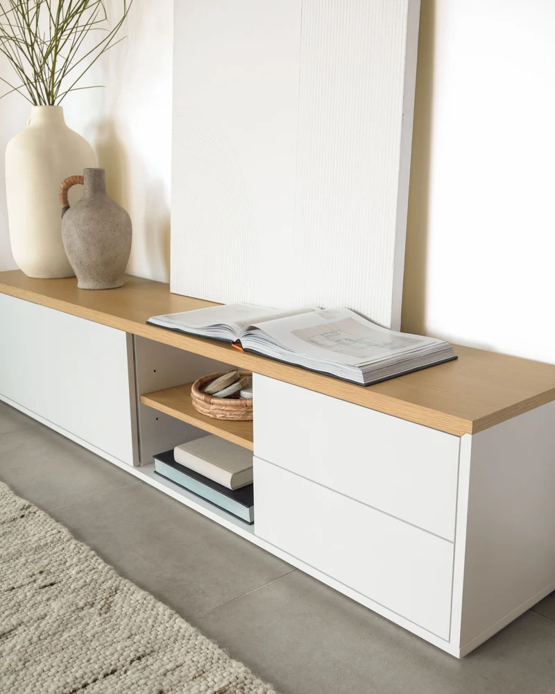 Abilen oak wood veneer TV stand with 2 doora and 2 drawers in white lacquer, 200 x 44 cm FSC 100%