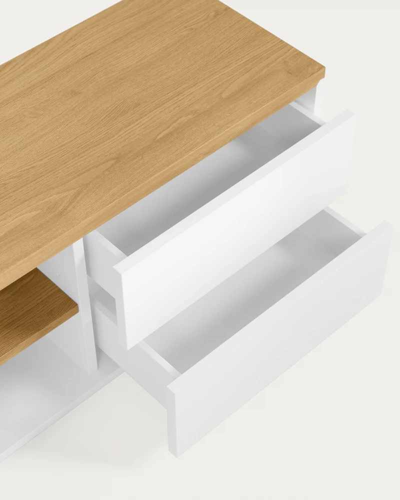 Abilen oak wood veneer TV stand with 2 doora and 2 drawers in white lacquer, 200 x 44 cm FSC 100%