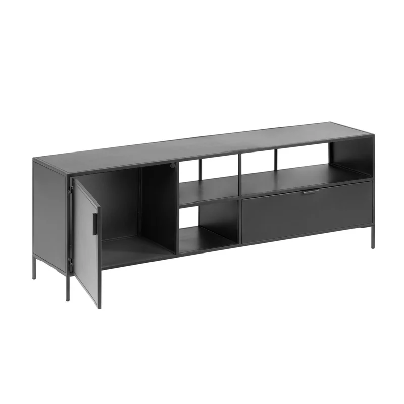 Shantay metal TV stand in a painted black finish with 1 door and drawer, 150 x 50 cm