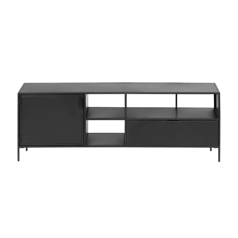 Shantay metal TV stand in a painted black finish with 1 door and drawer, 150 x 50 cm