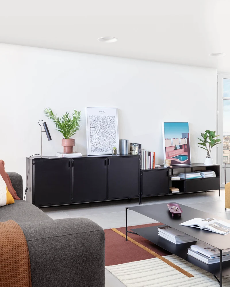 Shantay metal TV stand in a painted black finish with 1 door and drawer, 150 x 50 cm