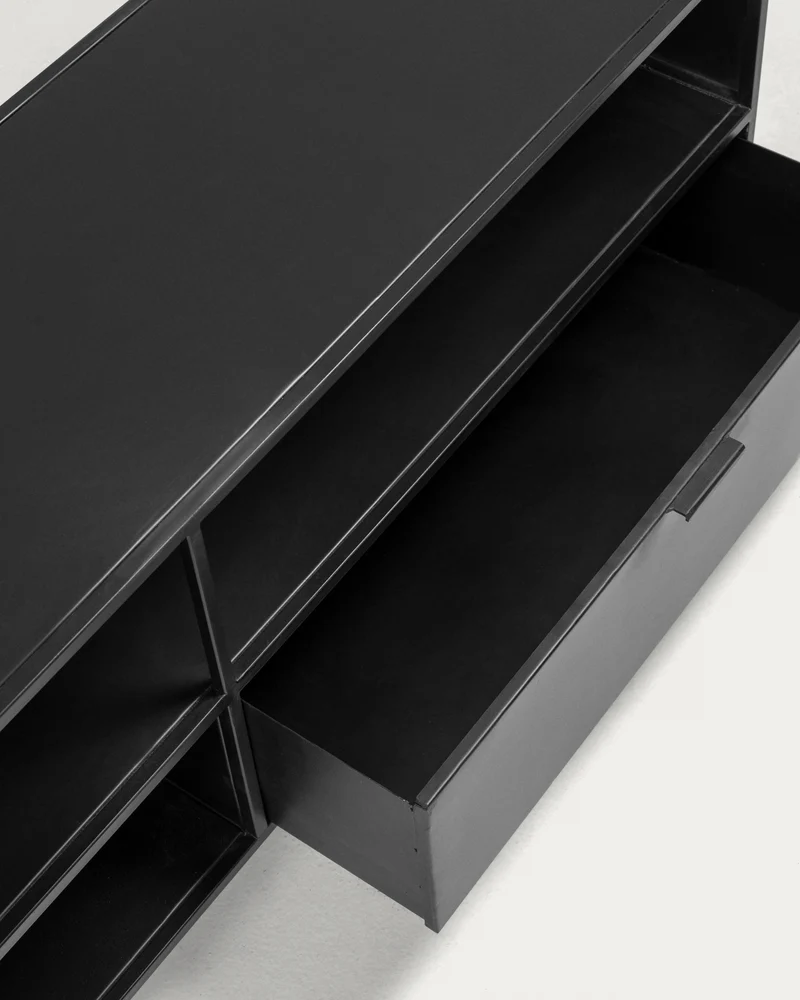 Shantay metal TV stand in a painted black finish with 1 door and drawer, 150 x 50 cm