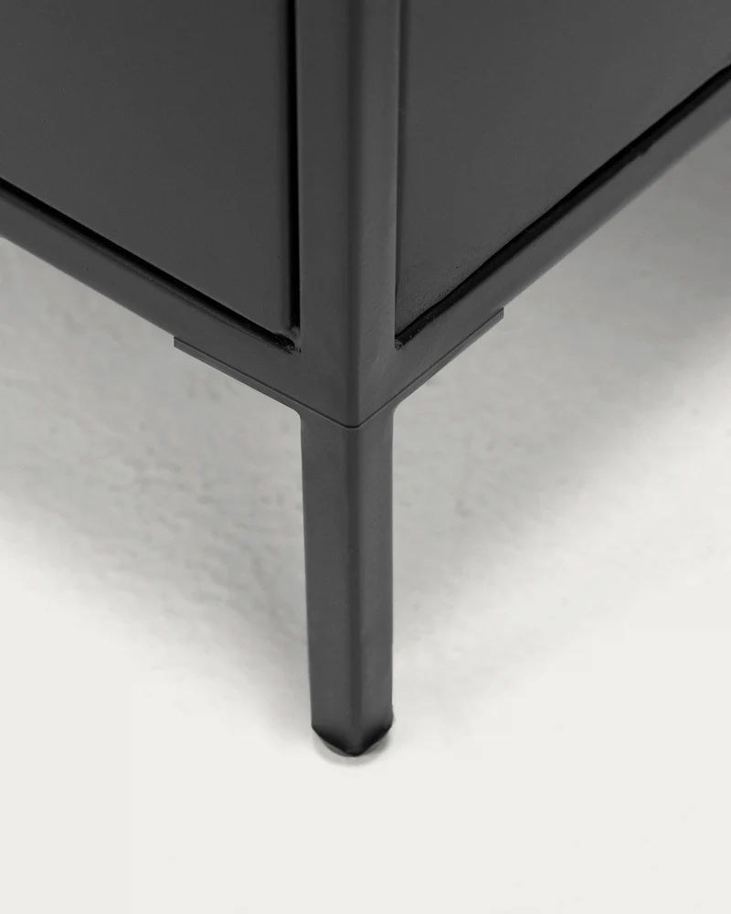 Shantay metal TV stand in a painted black finish with 1 door and drawer, 150 x 50 cm