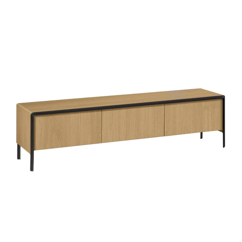 Nadyria oak wood veneer 3 door TV stand with black finish steel, 180 x 50 cm