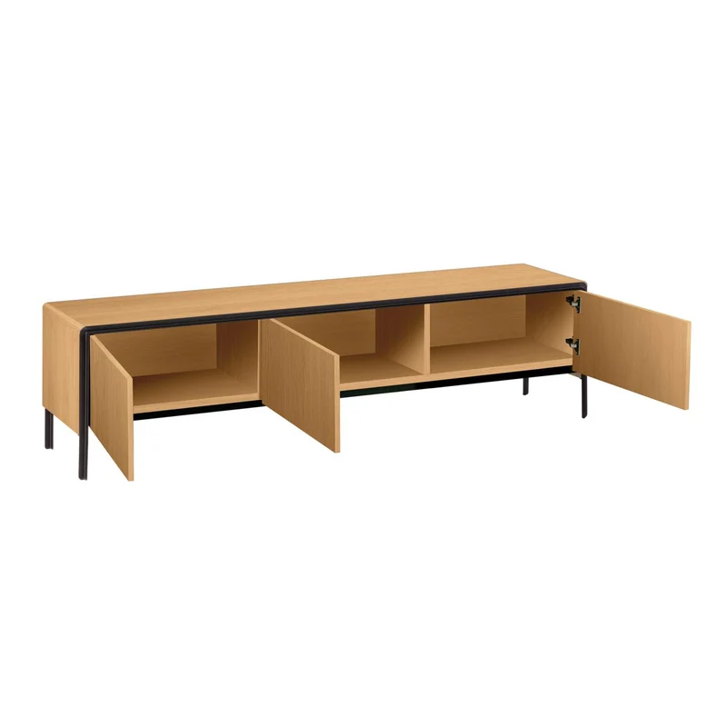 Nadyria oak wood veneer 3 door TV stand with black finish steel, 180 x 50 cm