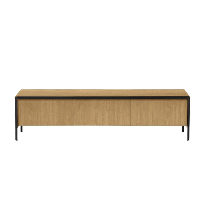 Nadyria oak wood veneer 3 door TV stand with black finish steel, 180 x 50 cm
