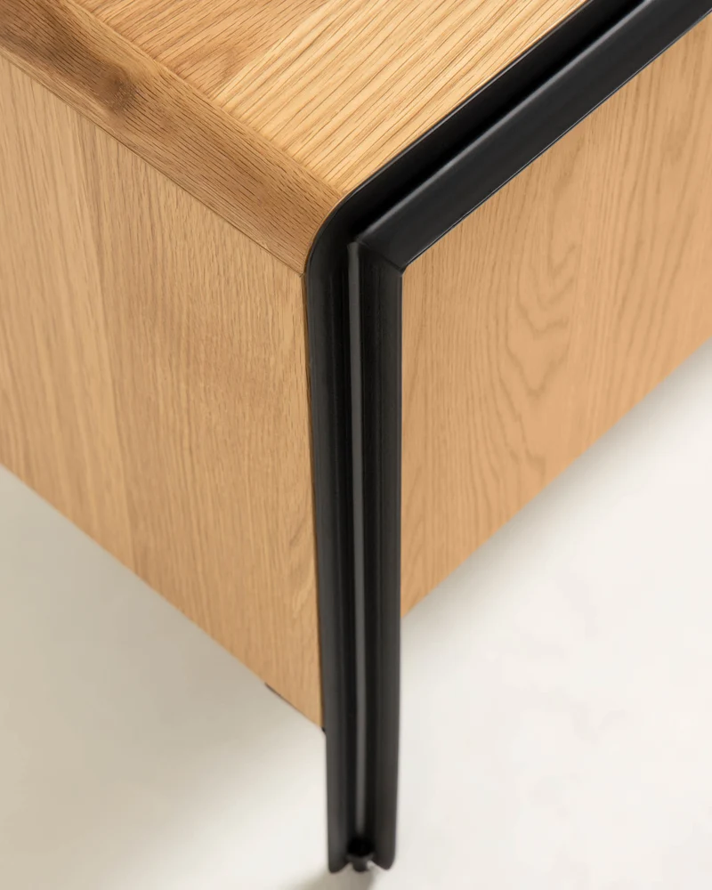 Nadyria oak wood veneer 3 door TV stand with black finish steel, 180 x 50 cm