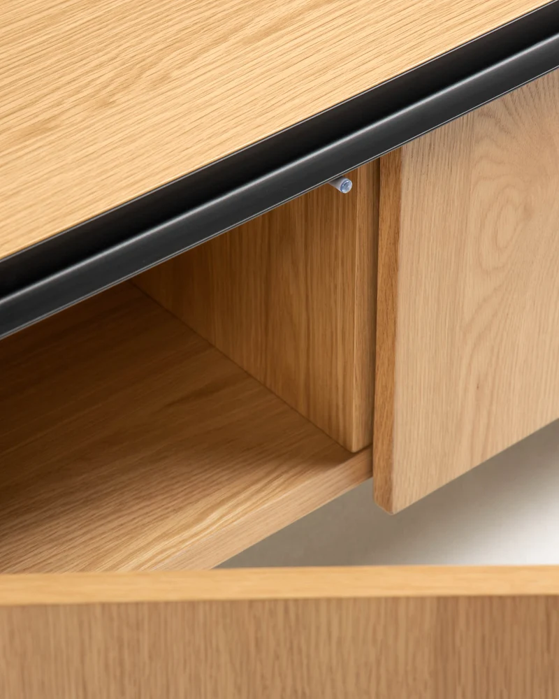 Nadyria oak wood veneer 3 door TV stand with black finish steel, 180 x 50 cm