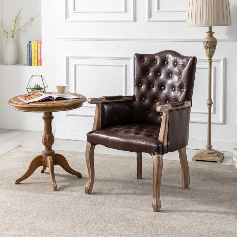 Traditional Vintage Rectangular Faux Oil-Waxed Leather Rubberwood Pine Wood Accent Chair Backrest Armrest For Living Room