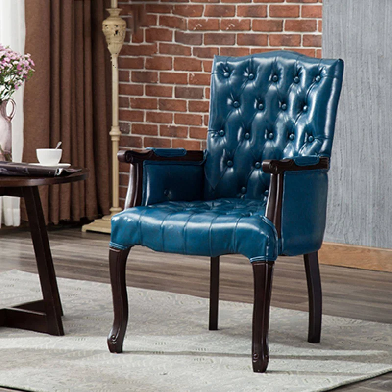 Traditional Vintage Rectangular Faux Oil-Waxed Leather Rubberwood Pine Wood Accent Chair Backrest Armrest For Living Room