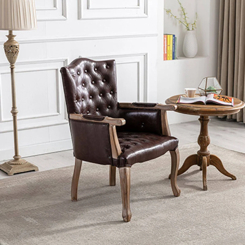 Traditional Vintage Rectangular Faux Oil-Waxed Leather Rubberwood Pine Wood Accent Chair Backrest Armrest For Living Room
