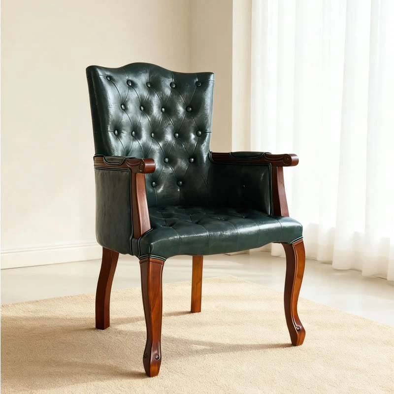 Traditional Vintage Rectangular Faux Oil-Waxed Leather Rubberwood Pine Wood Accent Chair Backrest Armrest For Living Room