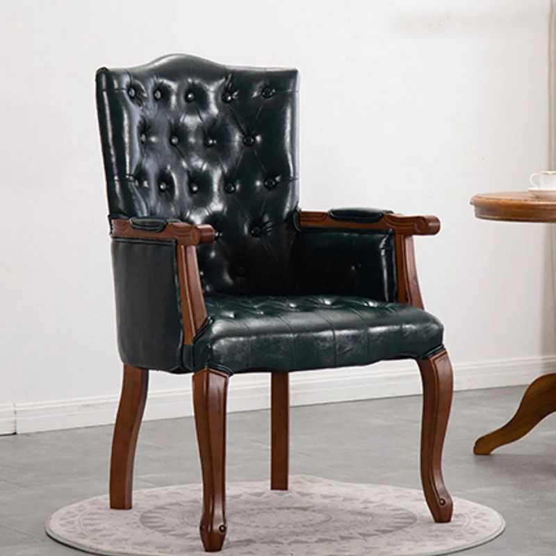Traditional Vintage Rectangular Faux Oil-Waxed Leather Rubberwood Pine Wood Accent Chair Backrest Armrest For Living Room