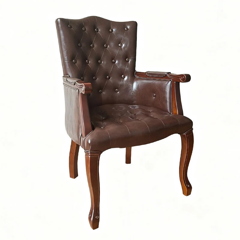 Traditional Vintage Rectangular Faux Oil-Waxed Leather Rubberwood Pine Wood Accent Chair Backrest Armrest For Living Room