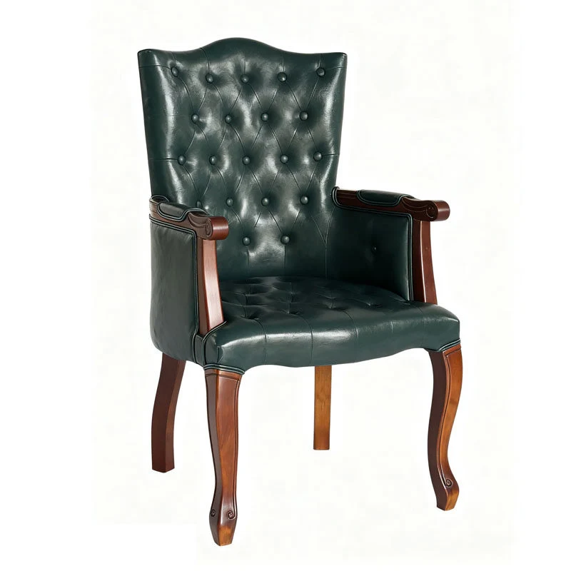 Traditional Vintage Rectangular Faux Oil-Waxed Leather Rubberwood Pine Wood Accent Chair Backrest Armrest For Living Room