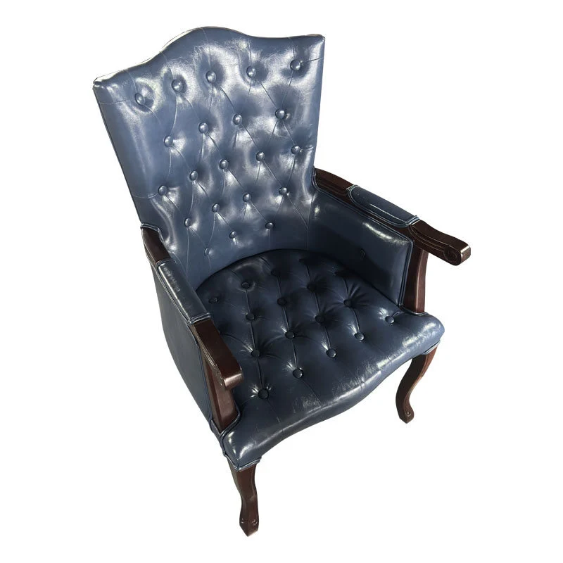 Traditional Vintage Rectangular Faux Oil-Waxed Leather Rubberwood Pine Wood Accent Chair Backrest Armrest For Living Room