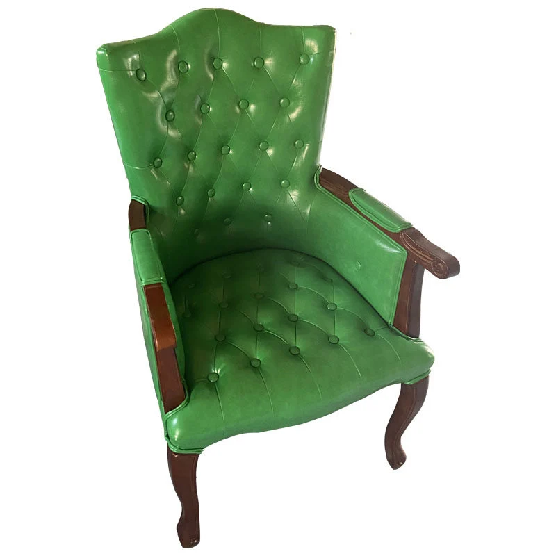 Traditional Vintage Rectangular Faux Oil-Waxed Leather Rubberwood Pine Wood Accent Chair Backrest Armrest For Living Room